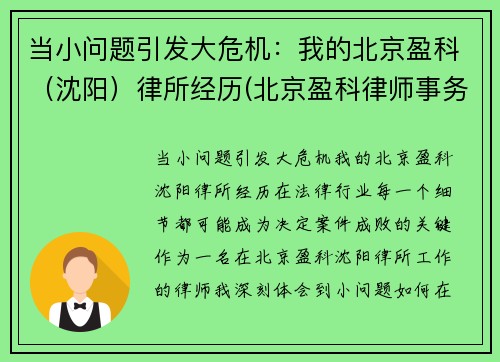 当小问题引发大危机：我的北京盈科（沈阳）律所经历(北京盈科律师事务所企查查)