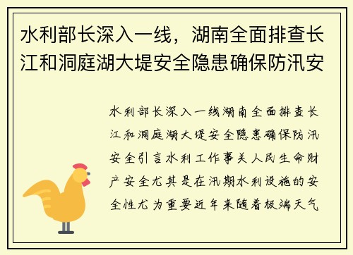 水利部长深入一线，湖南全面排查长江和洞庭湖大堤安全隐患确保防汛安全