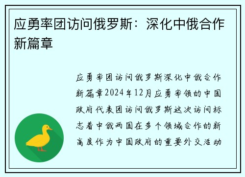 应勇率团访问俄罗斯：深化中俄合作新篇章