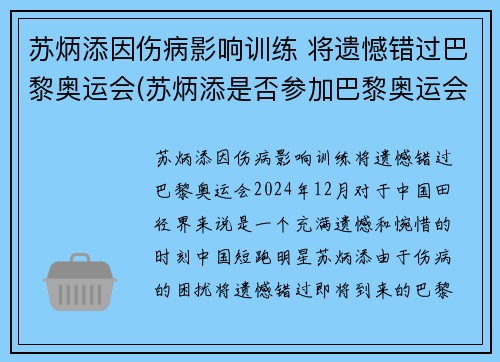 苏炳添因伤病影响训练 将遗憾错过巴黎奥运会(苏炳添是否参加巴黎奥运会)